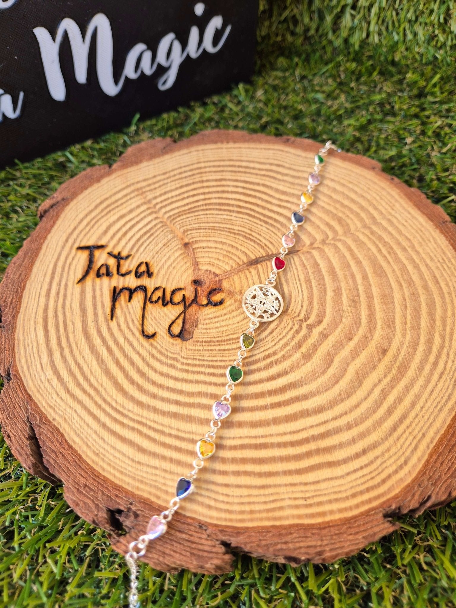 Pulsera Tetragramaton Plata con circonitas de colores corazones Consagrada - Amuleto espiritual Tienda esotérica Málaga - La Tienda de Tata Magic: tienda Esotérica en Málaga